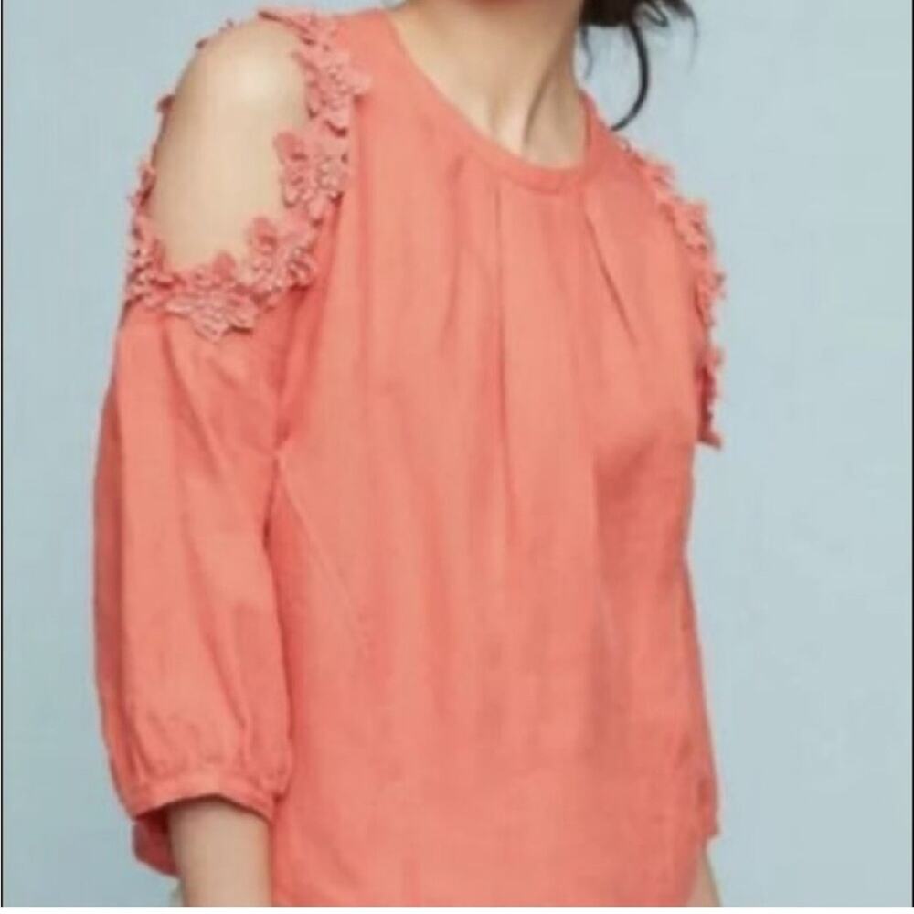 Anthropologie Eri + Ali Jemina coral orange linen cold shoulder floral top Large